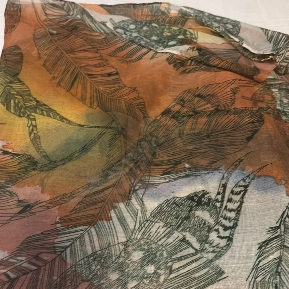 Feather Print Scarf in Multicolor Light Weight Soft Cotton No Tags